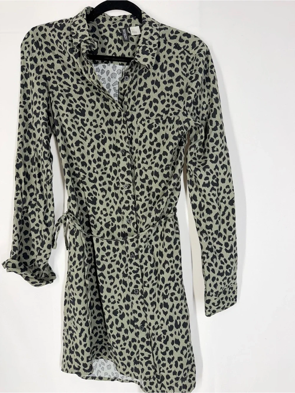 Divided Olive and Black Leopard Print Long Sleeve Shirt Dress